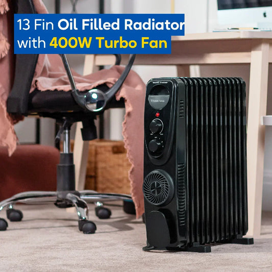 Russell Hobbs® RHOFR2403B, 2.5kW 13 Fin Manual Oil Filled Radiator with 400W Turbo Fan in Black