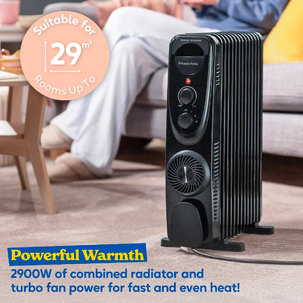 Russell Hobbs® RHOFR2403B, 2.5kW 13 Fin Manual Oil Filled Radiator with 400W Turbo Fan in Black