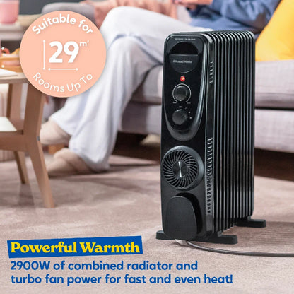 Russell Hobbs® RHOFR2403B, 2.5kW 13 Fin Manual Oil Filled Radiator with 400W Turbo Fan in Black