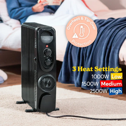 Russell Hobbs® RHOFR2403B, 2.5kW 13 Fin Manual Oil Filled Radiator with 400W Turbo Fan in Black