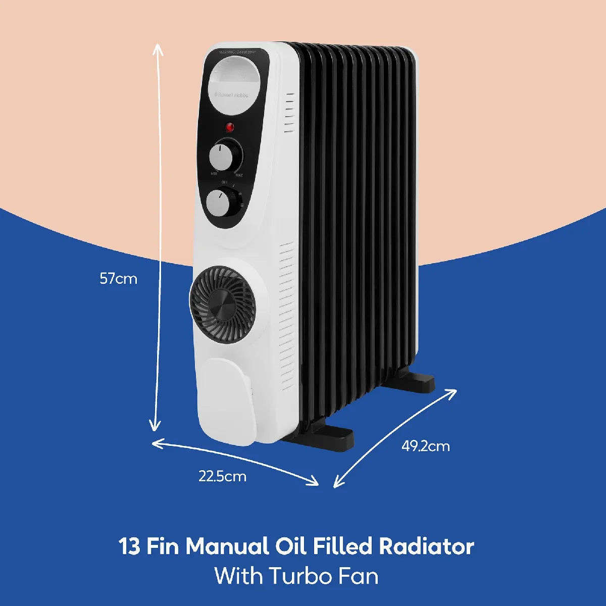 Russell Hobbs® RHOFR2403, 2.5kW 13 Fin Manual Oil Filled Radiator with 400W Turbo Fan in White & Black