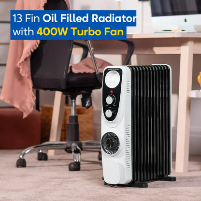 Russell Hobbs® RHOFR2403, 2.5kW 13 Fin Manual Oil Filled Radiator with 400W Turbo Fan in White & Black