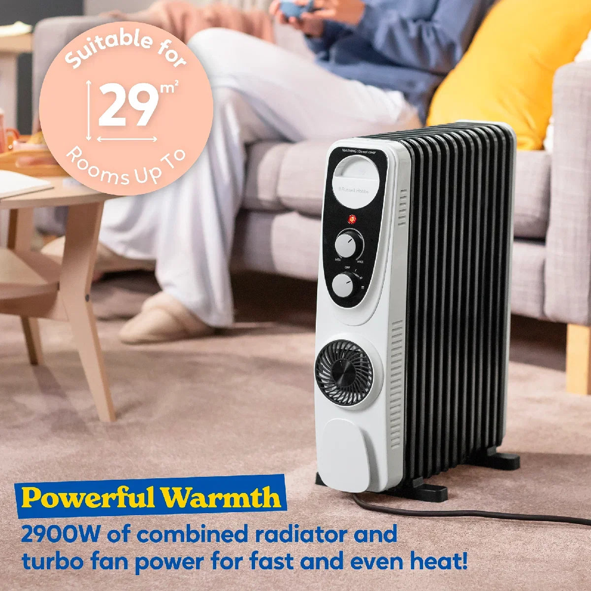 Russell Hobbs® RHOFR2403, 2.5kW 13 Fin Manual Oil Filled Radiator with 400W Turbo Fan in White & Black