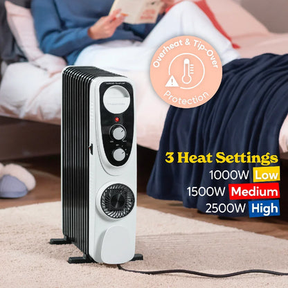 Russell Hobbs® RHOFR2403, 2.5kW 13 Fin Manual Oil Filled Radiator with 400W Turbo Fan in White & Black