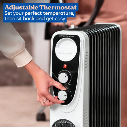 Russell Hobbs® RHOFR2403, 2.5kW 13 Fin Manual Oil Filled Radiator with 400W Turbo Fan in White & Black