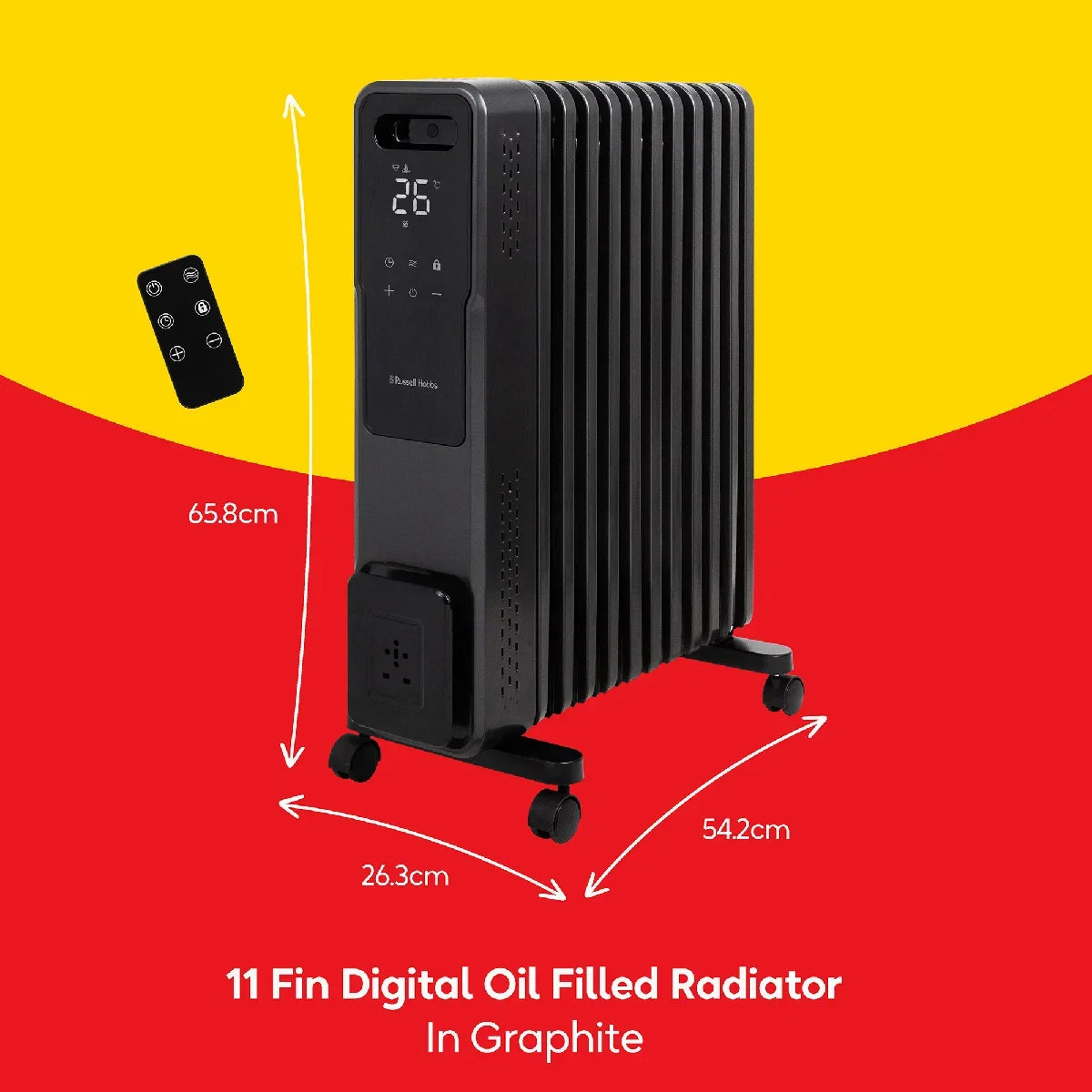 Russell Hobbs® RHOFR2500-M-D, 2.5kW 11 Fin Digital Oil Filled Radiator with M-Shaped Fins, Touch Control and Remote in Graphite