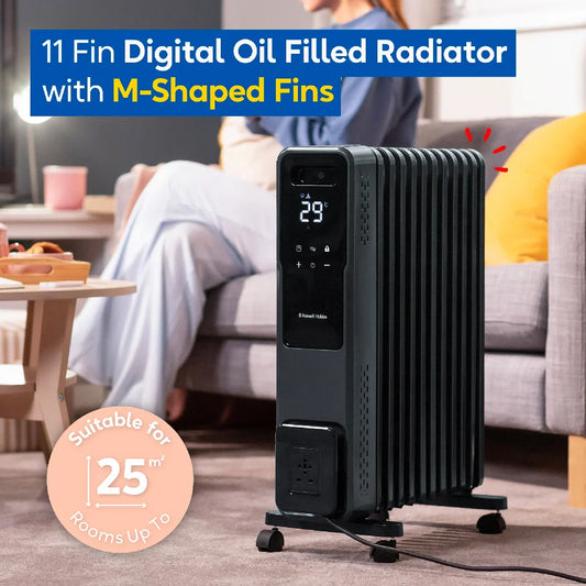 Russell Hobbs® RHOFR2500-M-D, 2.5kW 11 Fin Digital Oil Filled Radiator with M-Shaped Fins, Touch Control and Remote in Graphite