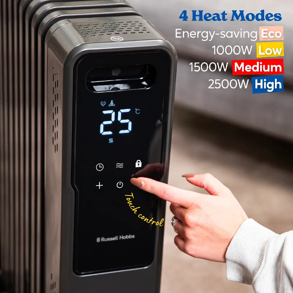 Russell Hobbs® RHOFR2500-M-D, 2.5kW 11 Fin Digital Oil Filled Radiator with M-Shaped Fins, Touch Control and Remote in Graphite