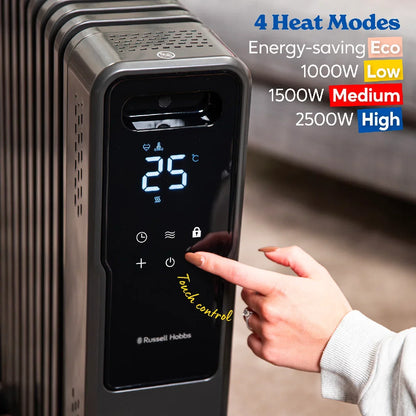 Russell Hobbs® RHOFR2500-M-D, 2.5kW 11 Fin Digital Oil Filled Radiator with M-Shaped Fins, Touch Control and Remote in Graphite