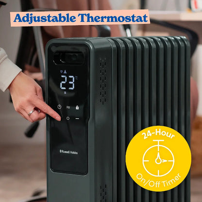 Russell Hobbs® RHOFR2500-M-D, 2.5kW 11 Fin Digital Oil Filled Radiator with M-Shaped Fins, Touch Control and Remote in Graphite