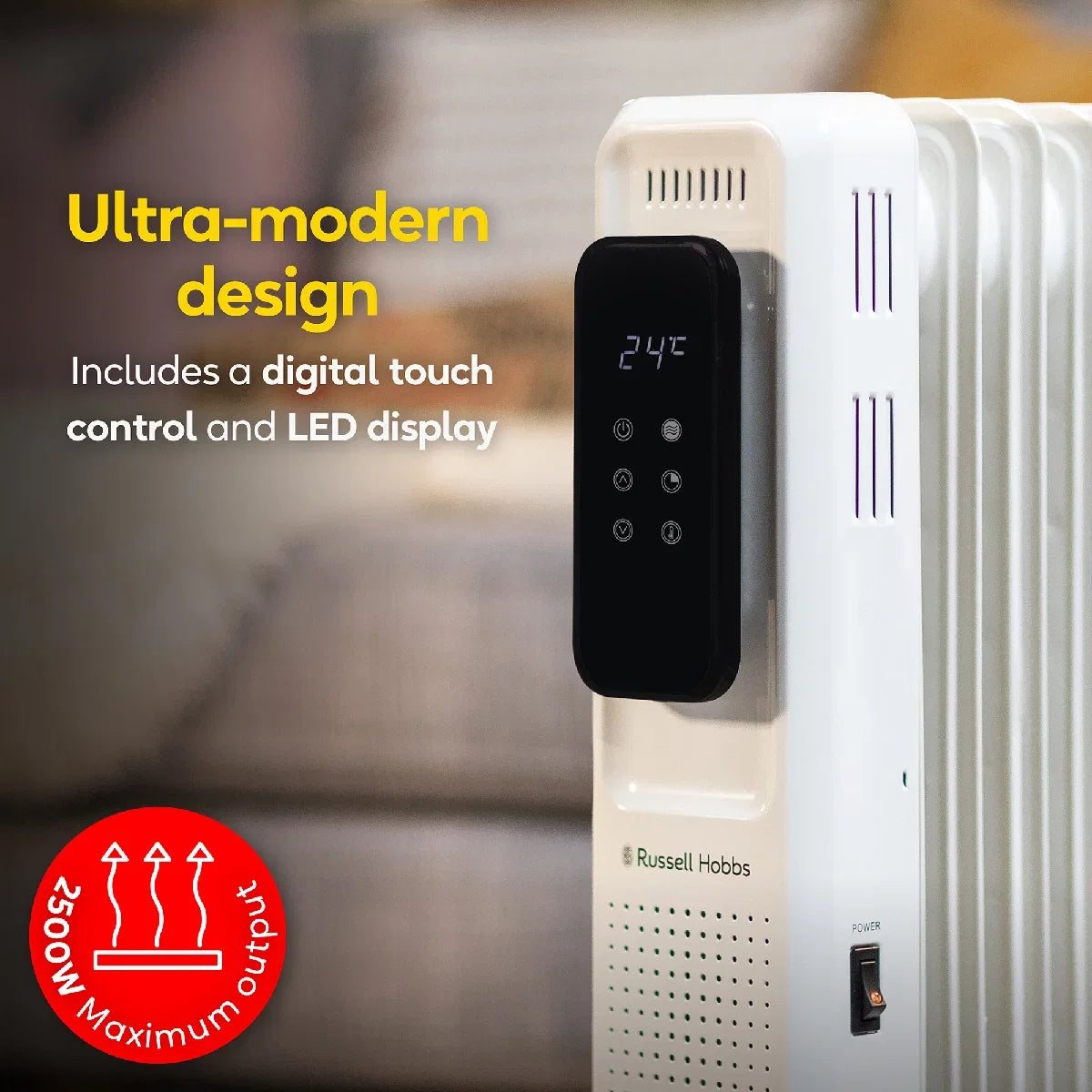 Russell Hobbs RHOFR2521-D 2.5kW Digital Touch Control 11-fin Oil Filled Radiator in White