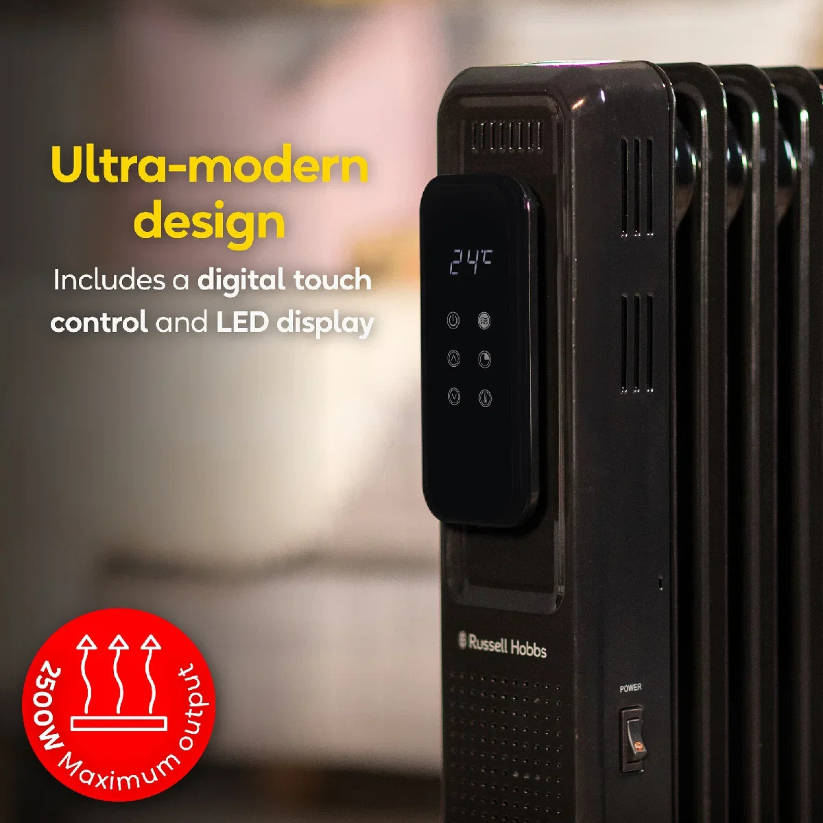 Russell Hobbs RHOFR2521B-D 2.5kW Digital Touch Control 11-fin Oil Filled Radiator in Black