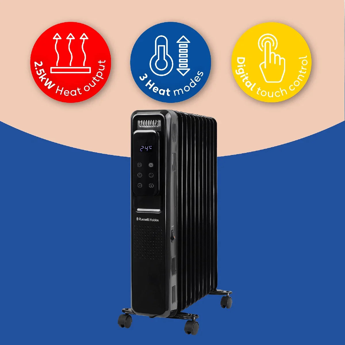 Russell Hobbs RHOFR2521B-D 2.5kW Digital Touch Control 11-fin Oil Filled Radiator in Black