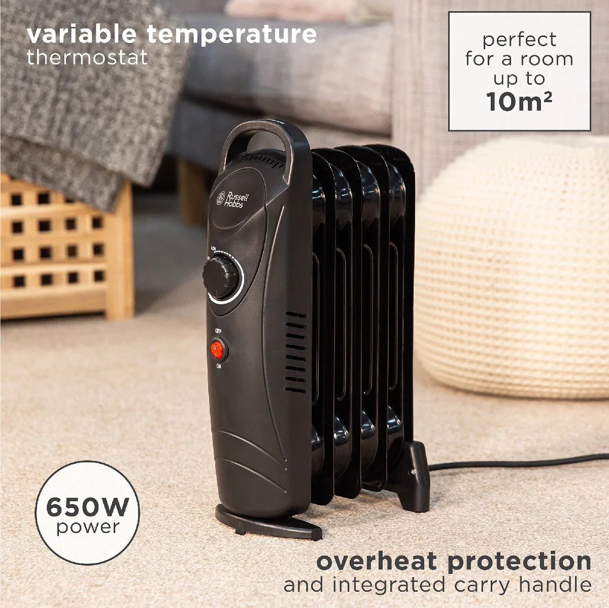 Russell Hobbs RHOFR3001 5 Fin Oil Filled Radiator in Black