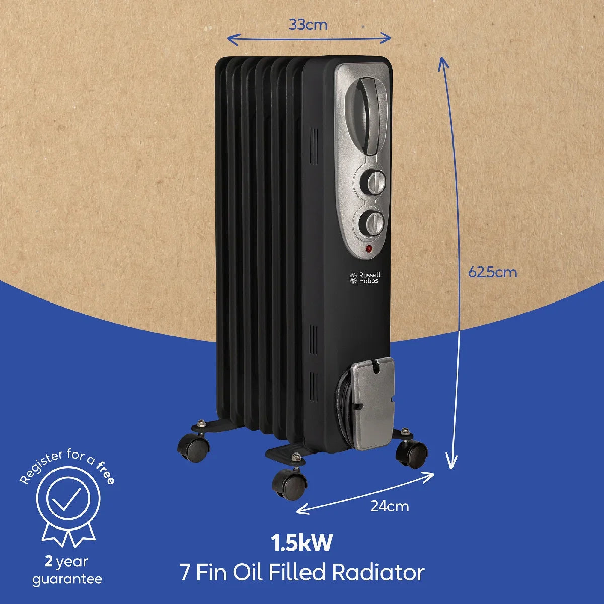 Russell Hobbs RHOFR5001B 1.5kW Oil Filled Radiator, 7 Fin, Black