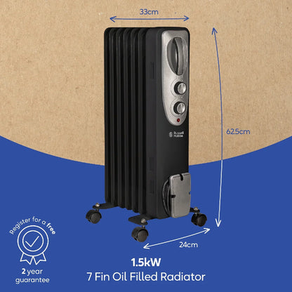 Russell Hobbs RHOFR5001B 1.5kW Oil Filled Radiator, 7 Fin, Black