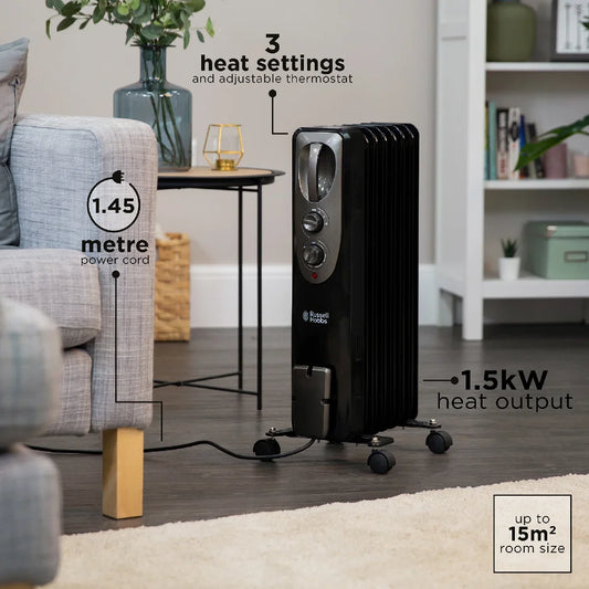 Russell Hobbs RHOFR5001B 1.5kW Oil Filled Radiator, 7 Fin, Black