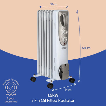 Russell Hobbs RHOFR5001 1.5kW Oil Filled Radiator, 7 Fin, White