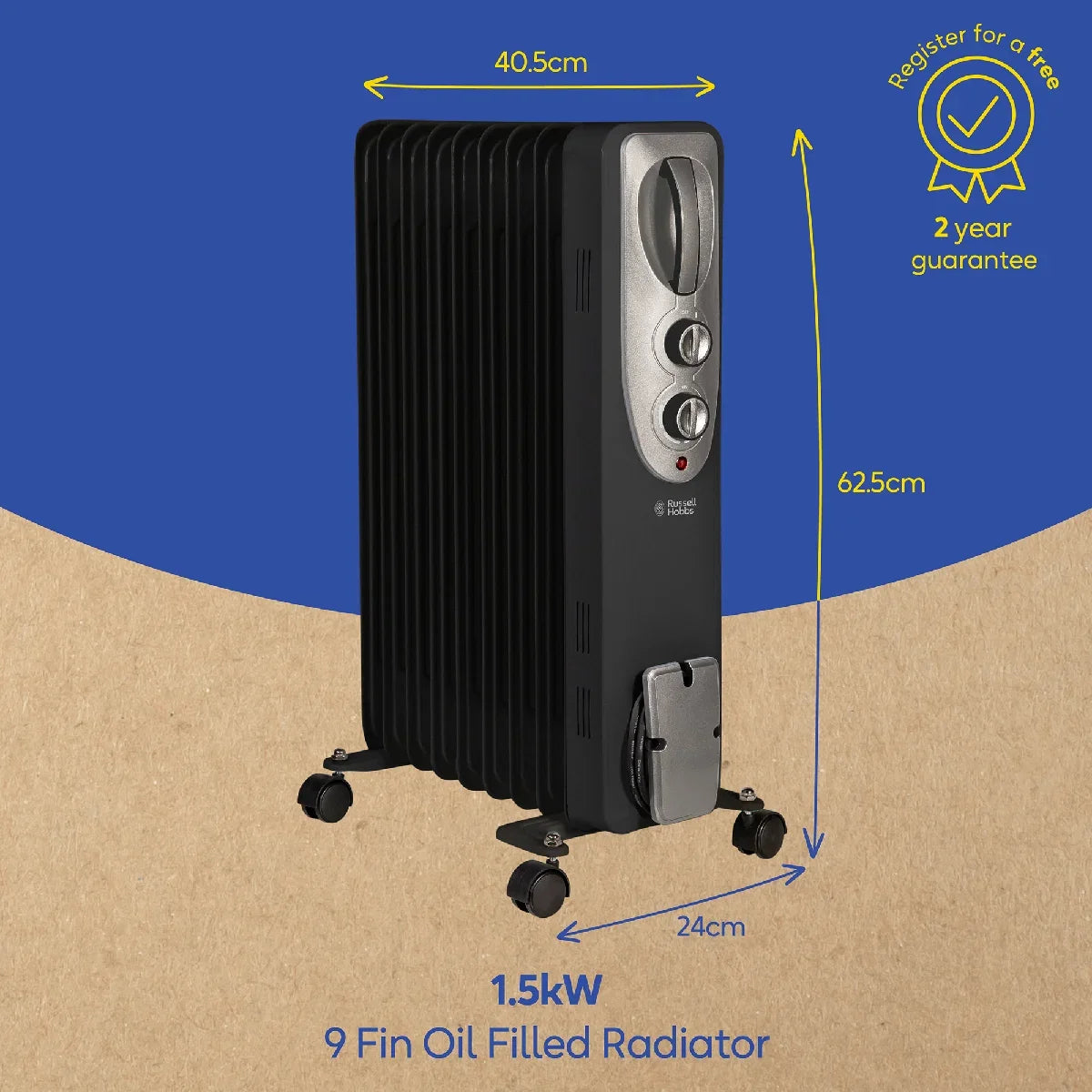 Russell Hobbs RHOFR5002B 2kW Oil Filled Radiator, 9 Fin, Black