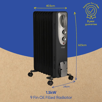Russell Hobbs RHOFR5002B 2kW Oil Filled Radiator, 9 Fin, Black
