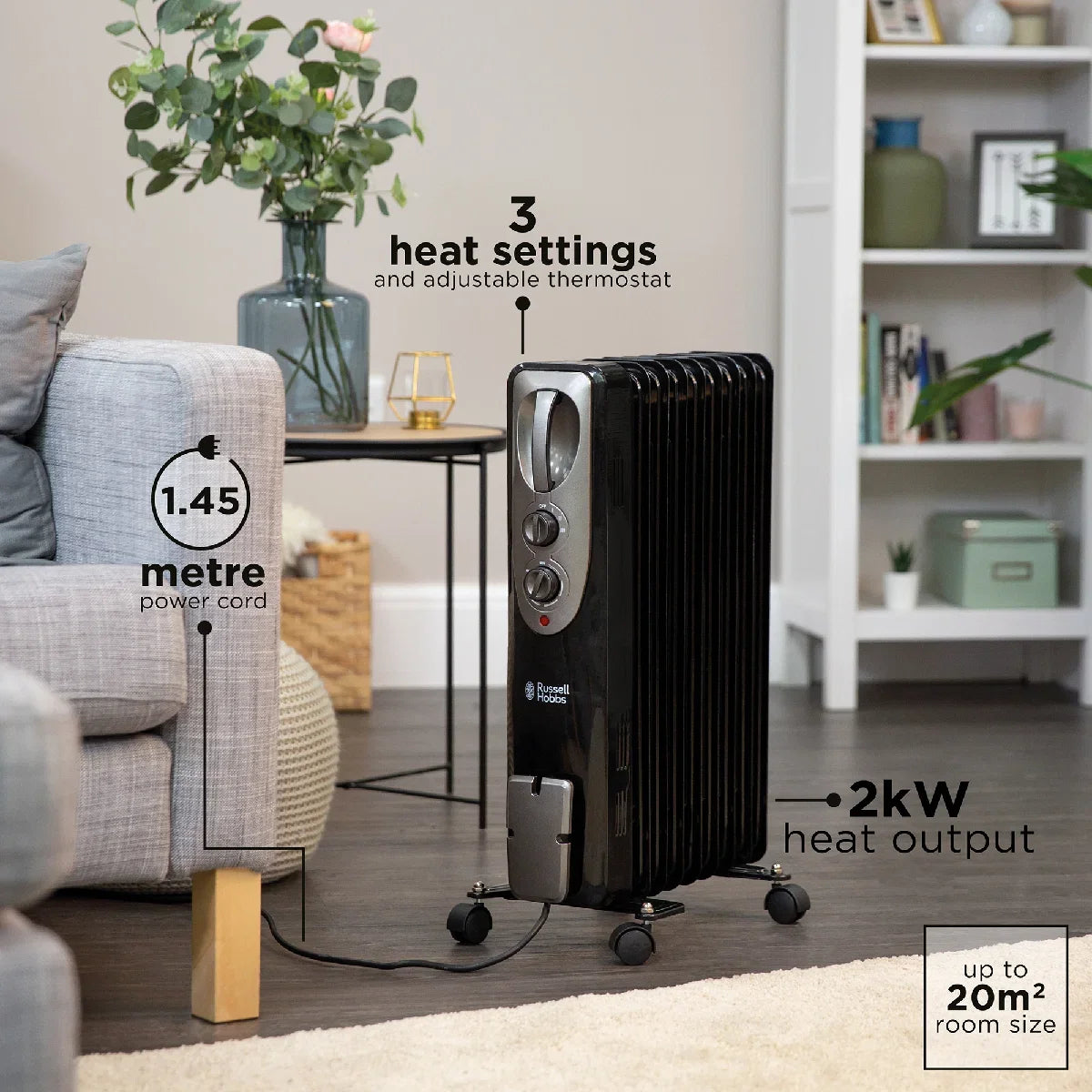 Russell Hobbs RHOFR5002B 2kW Oil Filled Radiator, 9 Fin, Black