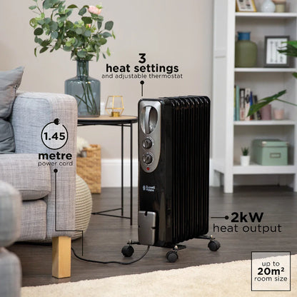 Russell Hobbs RHOFR5002B 2kW Oil Filled Radiator, 9 Fin, Black