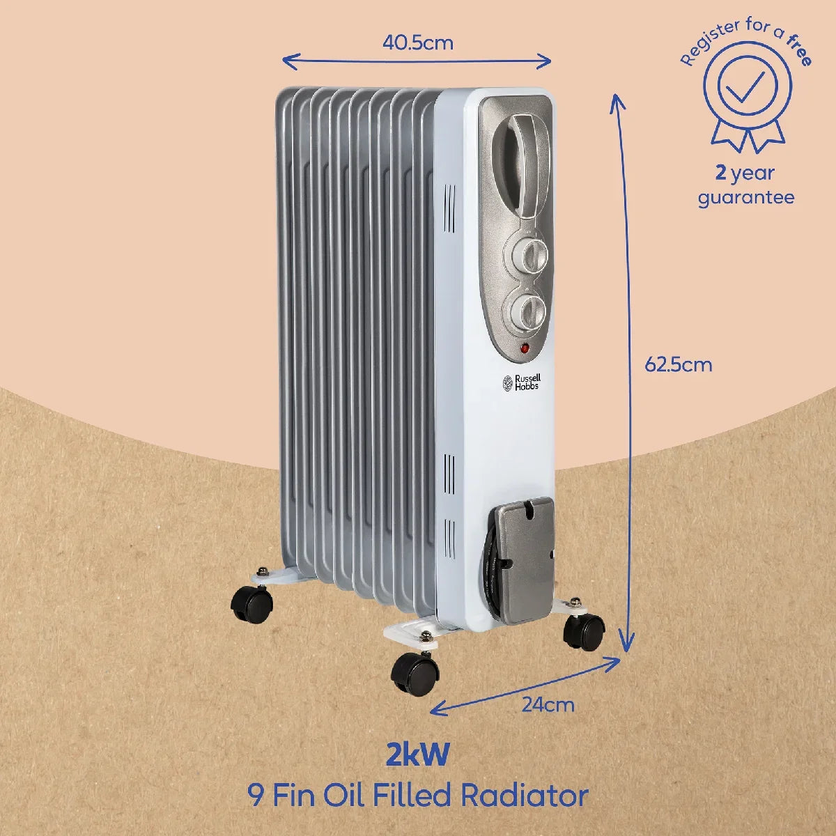 Russell Hobbs RHOFR5002 2kW Oil Filled Radiator, 9 Fin, White