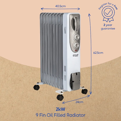 Russell Hobbs RHOFR5002 2kW Oil Filled Radiator, 9 Fin, White