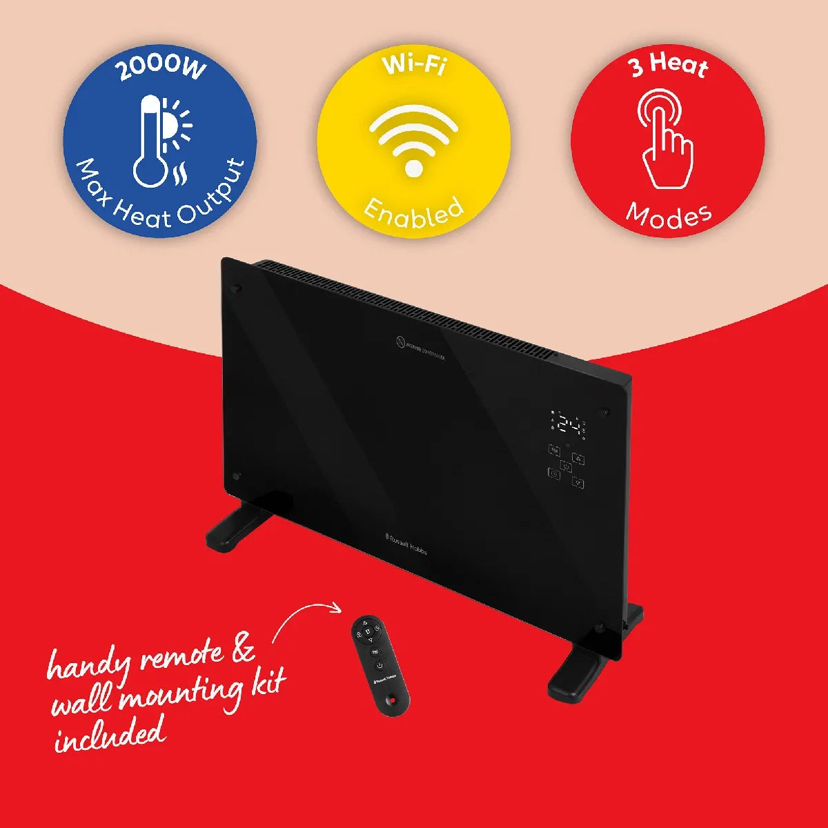 Russell Hobbs® RHPANH2006W, 2kW Smart Wi-Fi Enabled Glass Panel Heater in Black