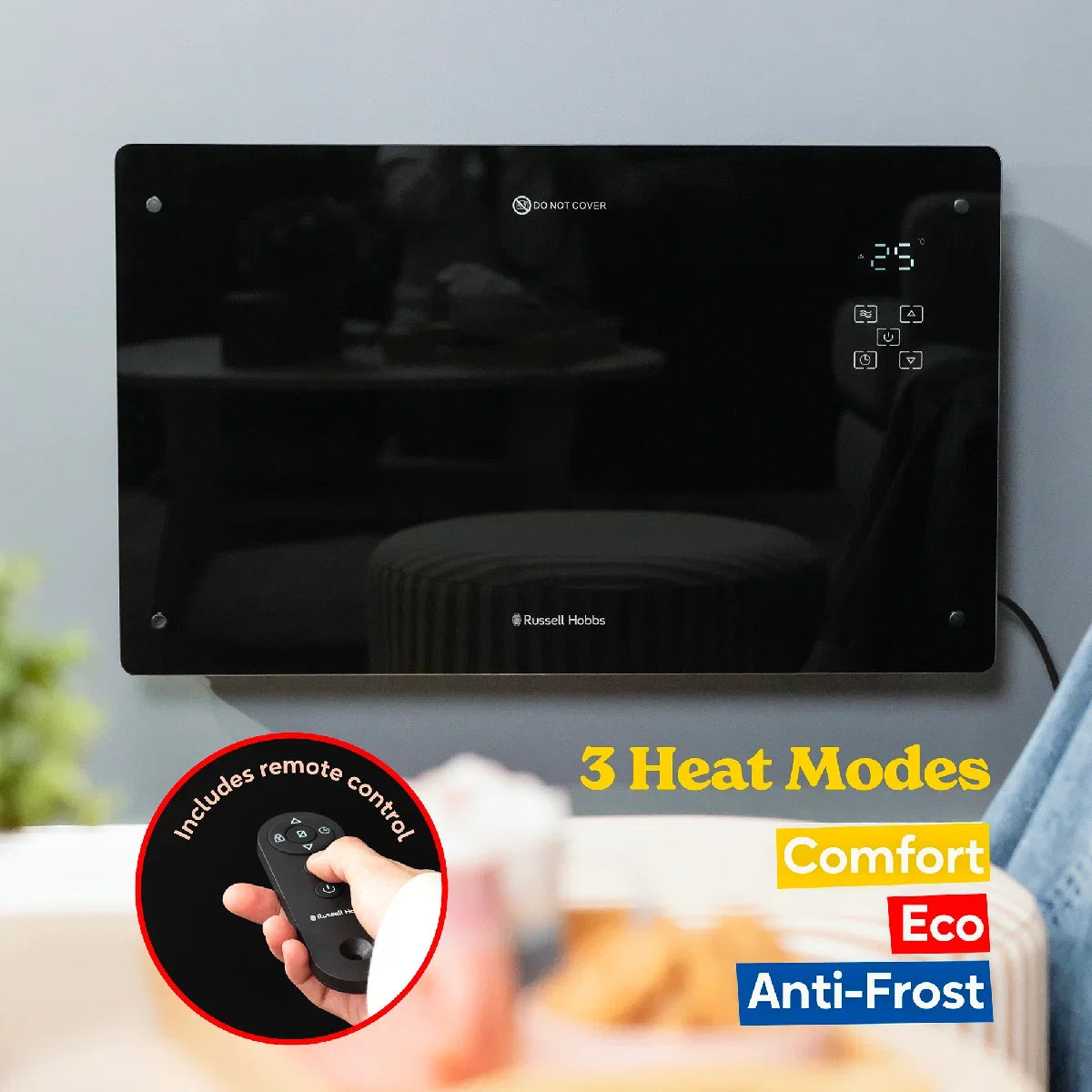 Russell Hobbs® RHPANH2006W, 2kW Smart Wi-Fi Enabled Glass Panel Heater in Black