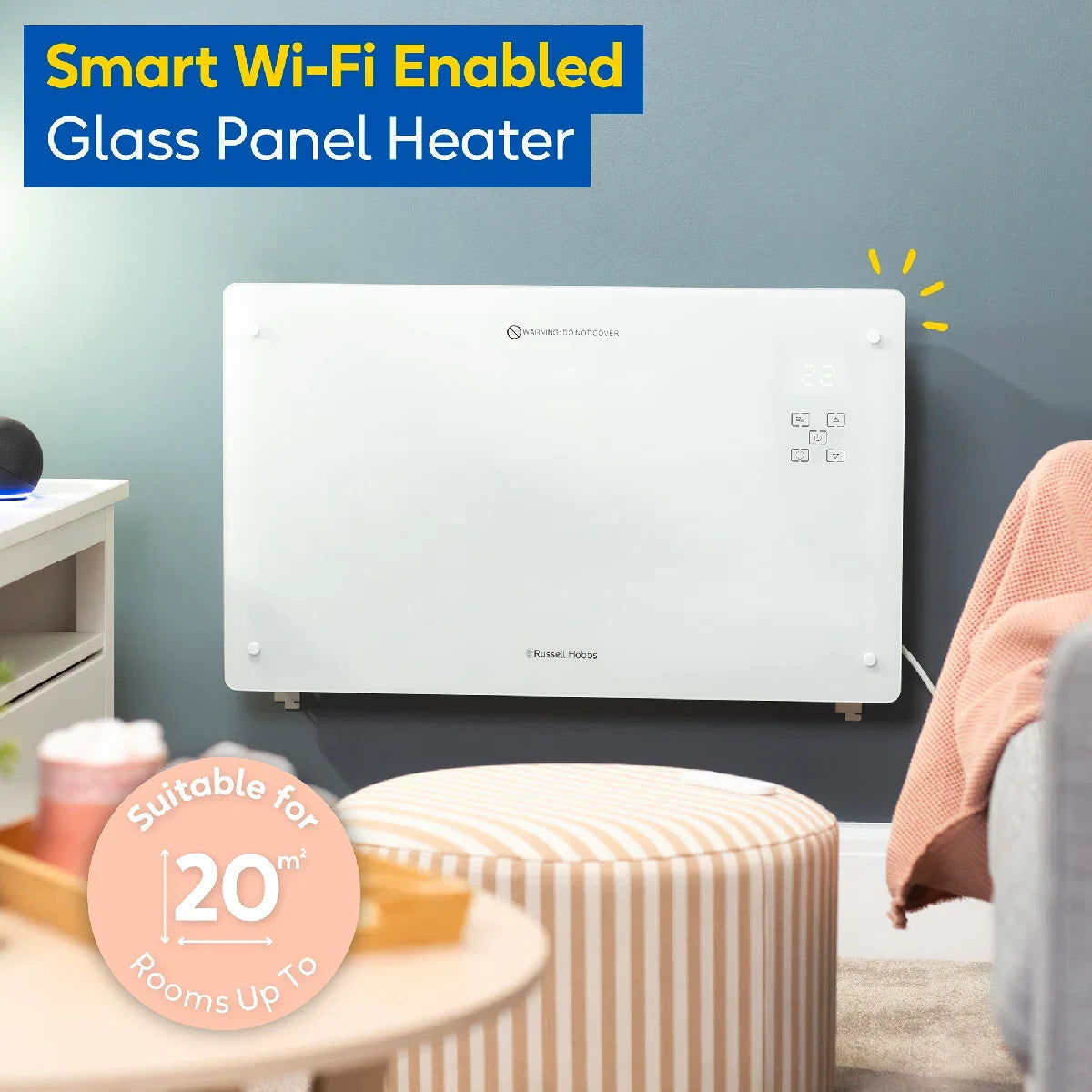 Russell Hobbs® RHPANH2006W, 2kW Smart Wi-Fi Enabled Glass Panel Heater in White