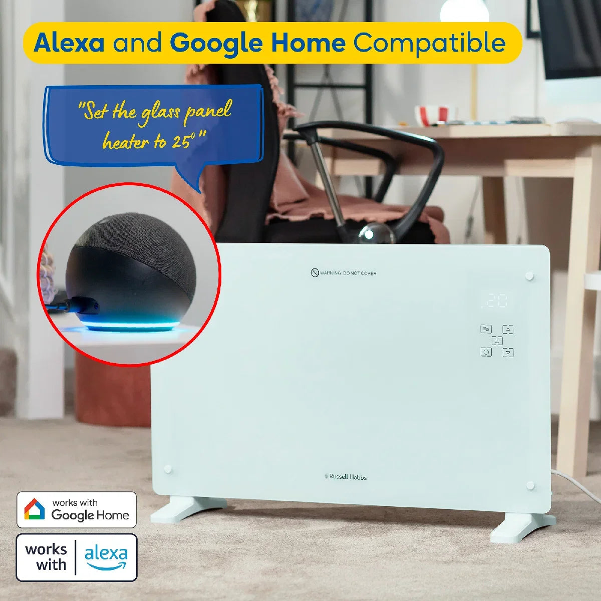 Russell Hobbs® RHPANH2006W, 2kW Smart Wi-Fi Enabled Glass Panel Heater in White