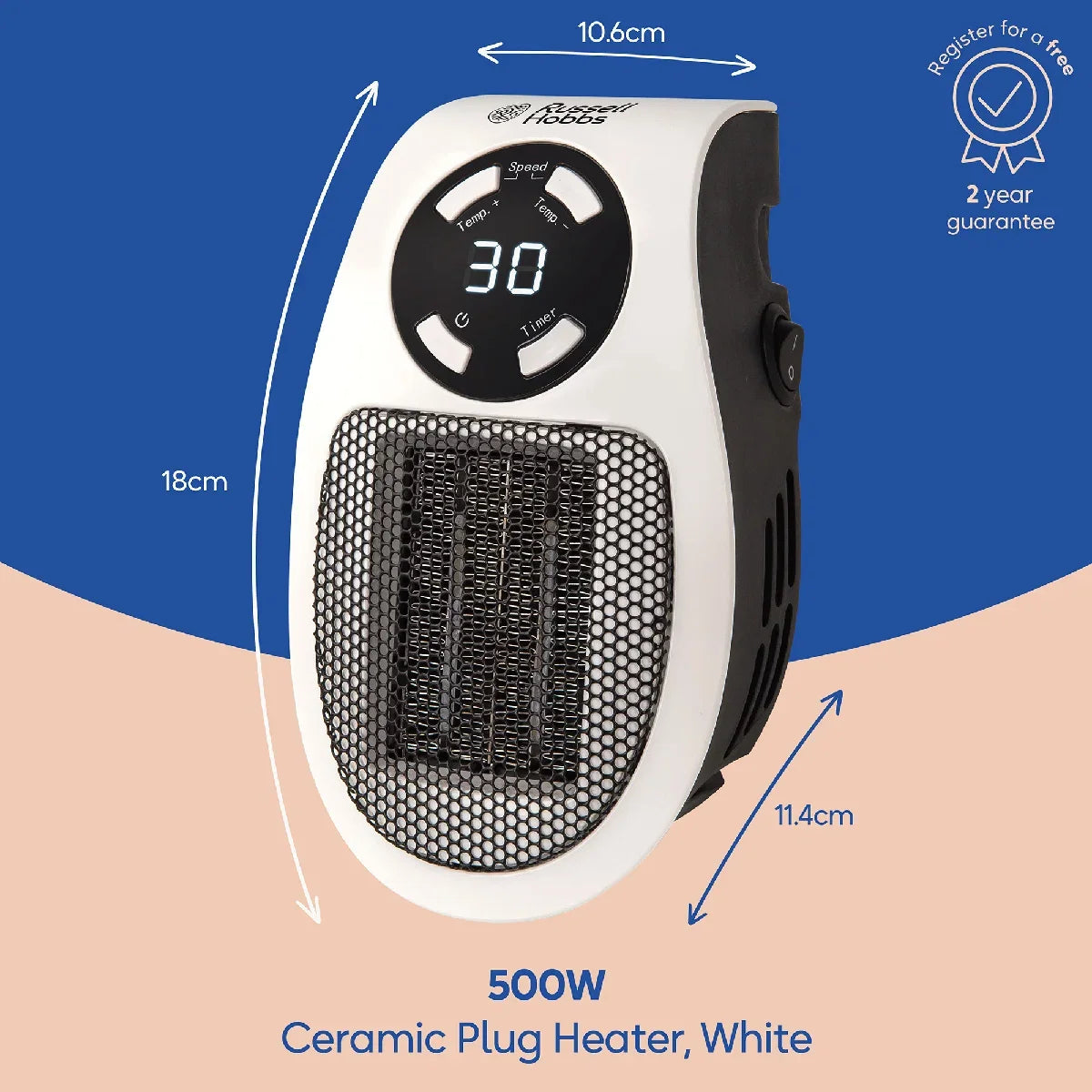 Russell Hobbs RHPH2001 500W Ceramic Plug-in Heater, White