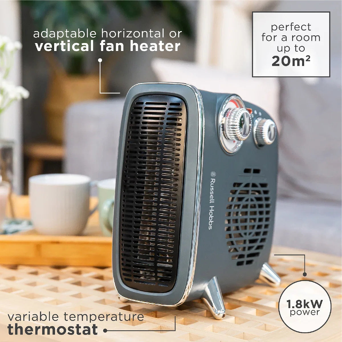 Russell Hobbs RHRETHFH1001G Upright & Horizontal Grey Retro Fan Heater