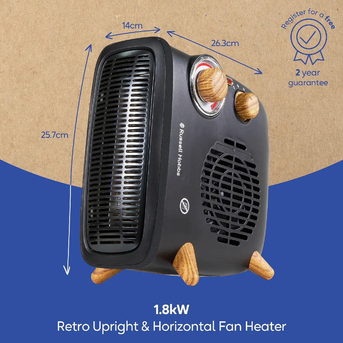 Russell Hobbs RHRETHFH1001WDB Wood & Black, Vertical & Horizontal, 1.8kW Heater, RHRETHFH1001WDB