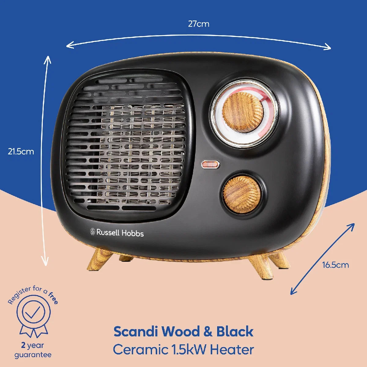 Russell Hobbs RHRETPTC2001WDB Scandi, Retro Ceramic Heater in Black & Wood