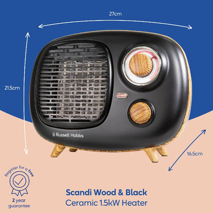 Russell Hobbs RHRETPTC2001WDB Scandi, Retro Ceramic Heater in Black & Wood