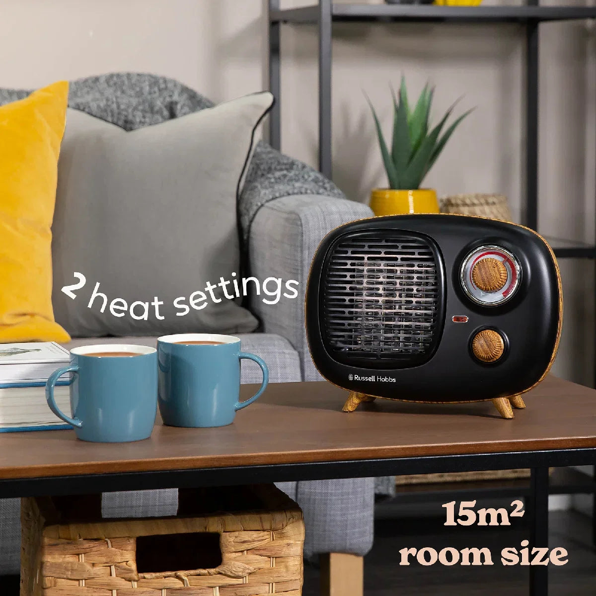 Russell Hobbs RHRETPTC2001WDB Scandi, Retro Ceramic Heater in Black & Wood