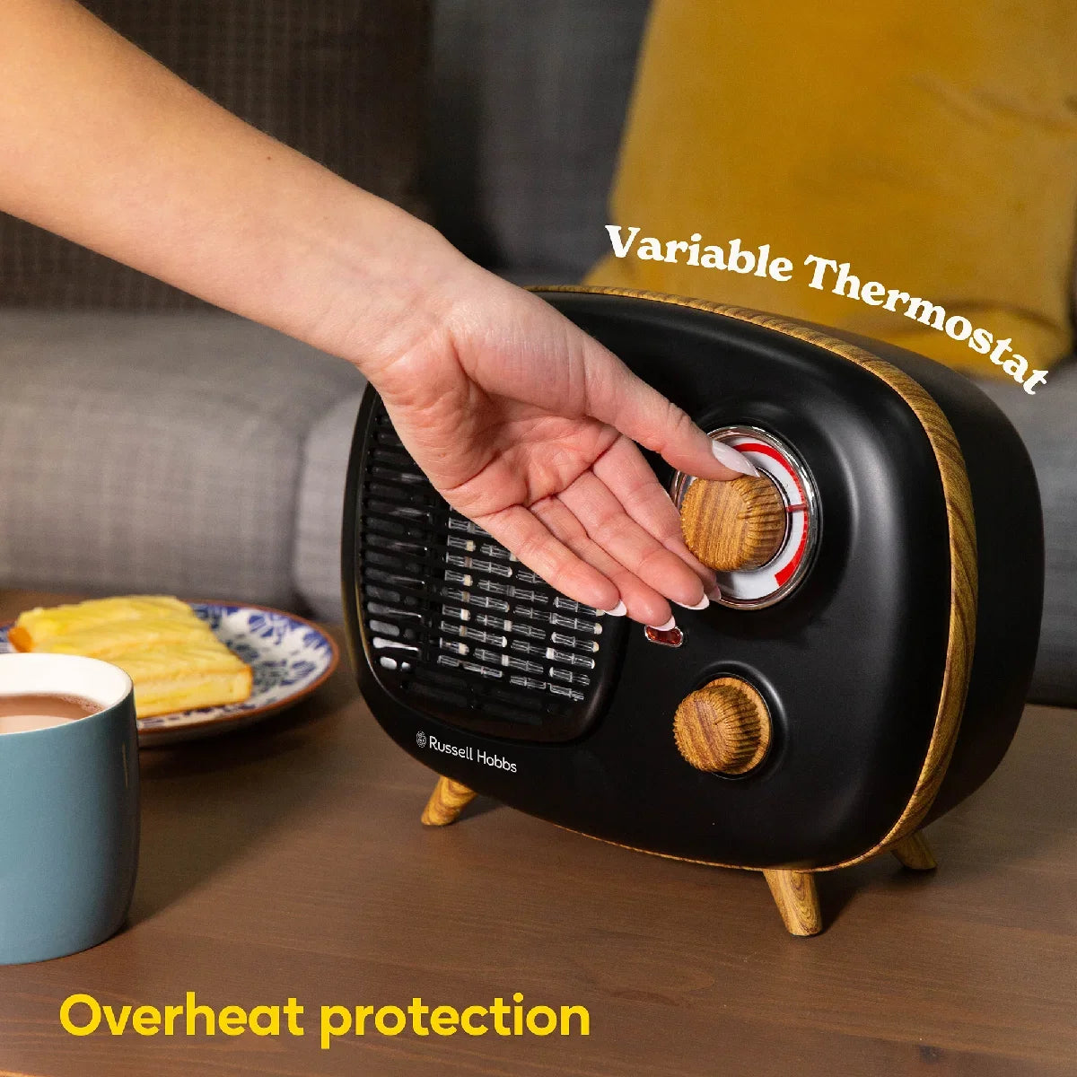 Russell Hobbs RHRETPTC2001WDB Scandi, Retro Ceramic Heater in Black & Wood