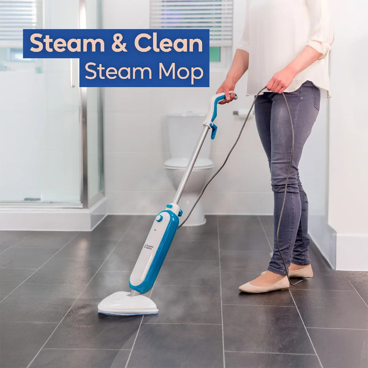 Russell Hobbs RHSM1001-G, Steam & Clean Steam Mop in White & Teal