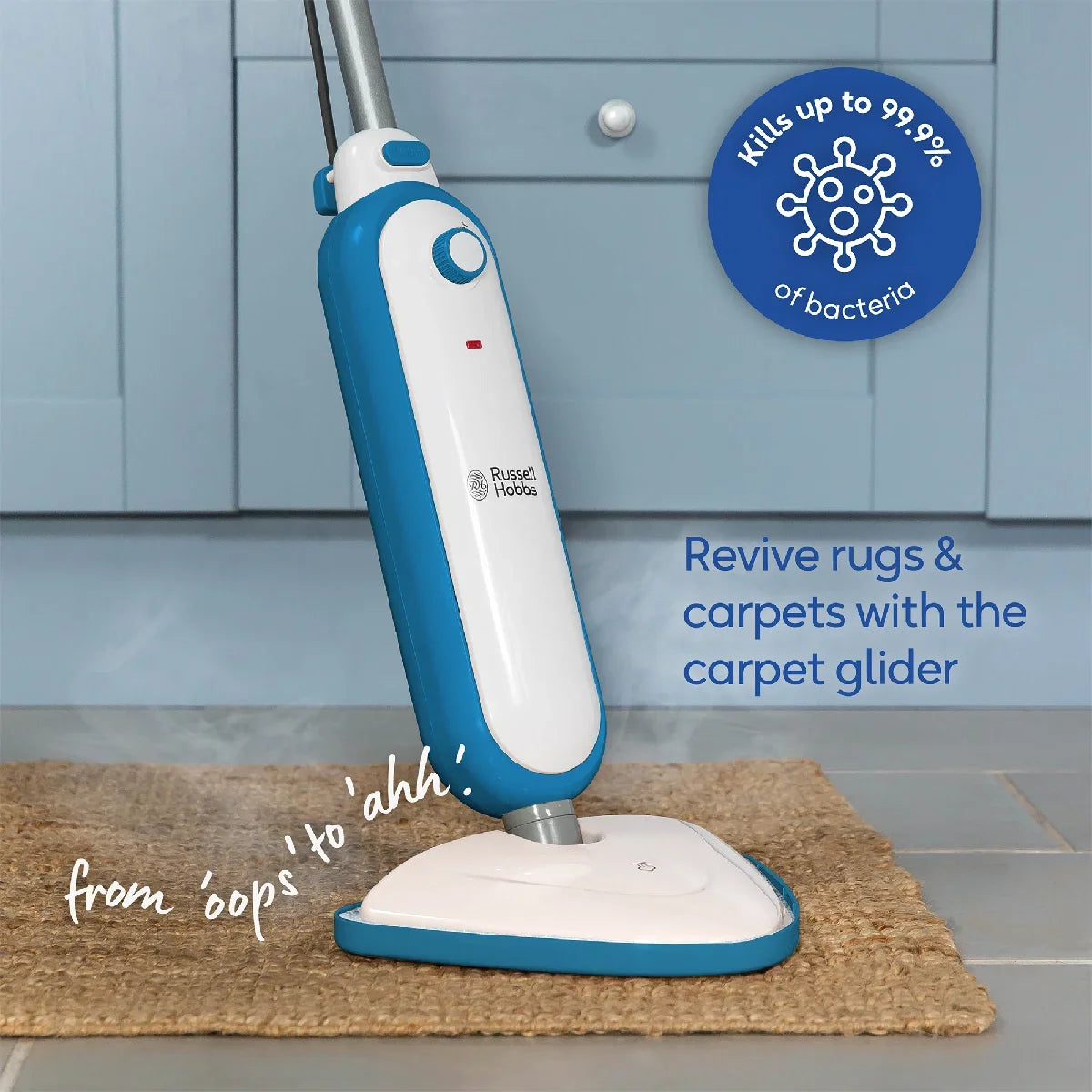 Russell Hobbs RHSM1001-G, Steam & Clean Steam Mop in White & Teal