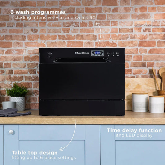 Russell Hobbs® RHTTDW6B, 6 Place Setting Table Top Dishwasher in Black