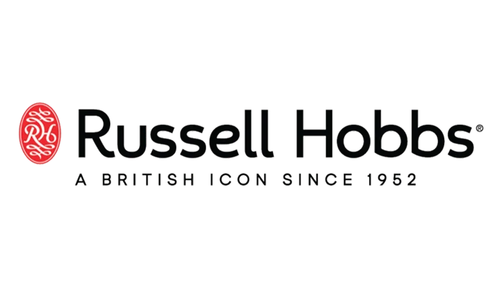 Russell Hobbs logo on a white background, featuring a red circular emblem with white stylized lettering and black text reading 'Russell Hobbs' and 'A BRITISH ICON SINCE 1952'.