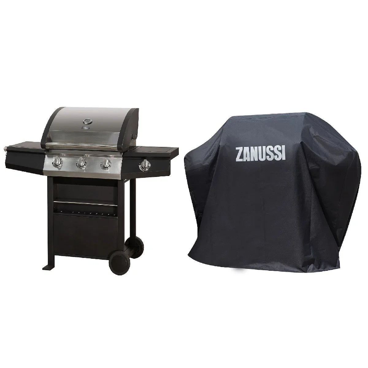 Zanussi ZGBBQ3B01-C 3-Burner Gas BBQ with Side Burner and Cover in Black and Stainless Steel