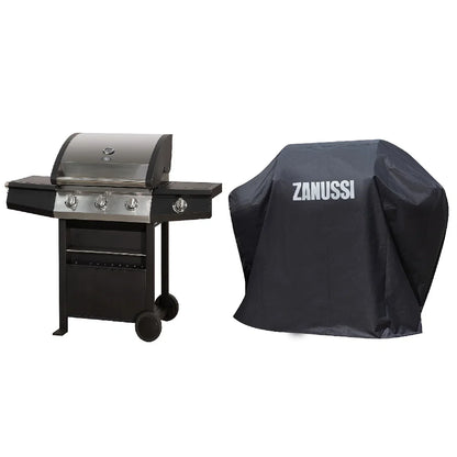 Zanussi ZGBBQ3B01-C 3-Burner Gas BBQ with Side Burner and Cover in Black and Stainless Steel