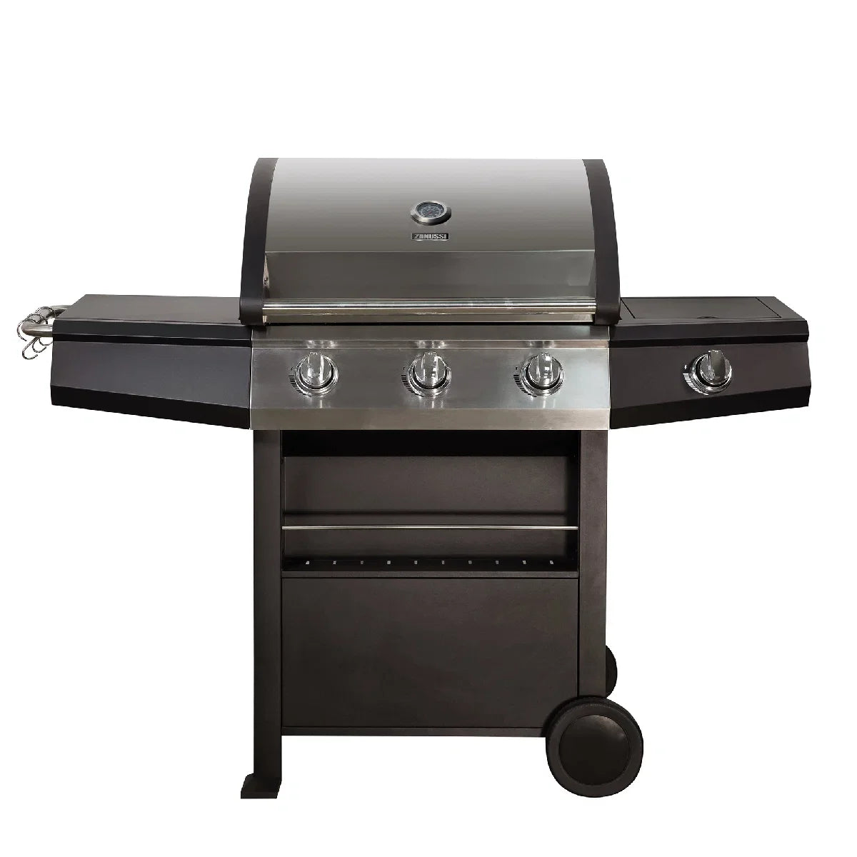Zanussi ZGBBQ3B01-C 3-Burner Gas BBQ with Side Burner and Cover in Black and Stainless Steel