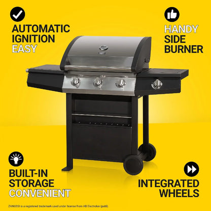 Zanussi ZGBBQ3B01-C 3-Burner Gas BBQ with Side Burner and Cover in Black and Stainless Steel