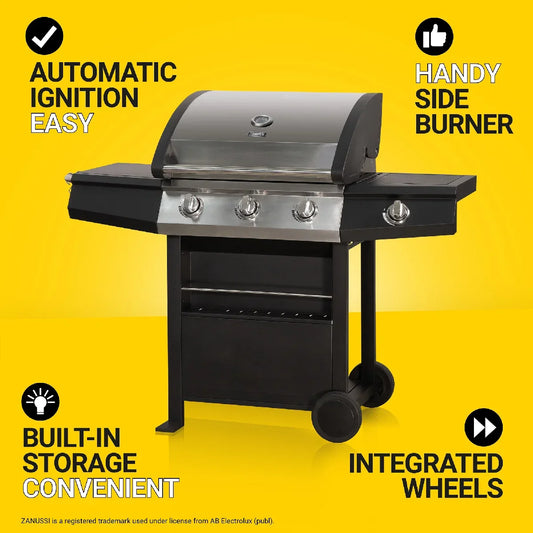 Zanussi ZGBBQ3B01-C 3-Burner Gas BBQ with Side Burner and Cover in Black and Stainless Steel