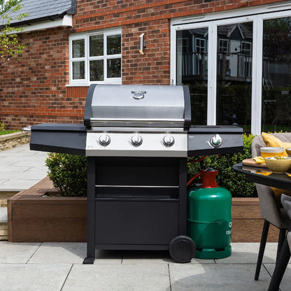 Zanussi ZGBBQ3B01-C 3-Burner Gas BBQ with Side Burner and Cover in Black and Stainless Steel