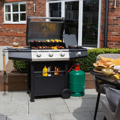 Zanussi ZGBBQ3B01-C 3-Burner Gas BBQ with Side Burner and Cover in Black and Stainless Steel